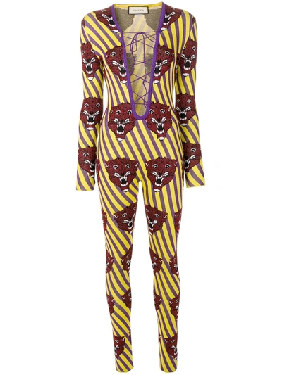 Gucci Tiger Lurex Jacquard Jumpsuit In Yellow