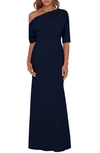 Betsy & Adam Ruched One-shoulder Gown In Navy