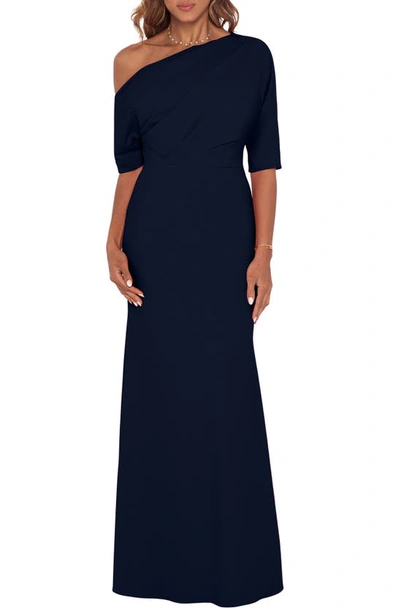 Betsy & Adam Ruched One-shoulder Gown In Blue