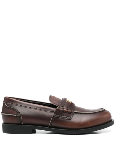 Miu Miu Logo-embossed Leather Penny Loafers In Brown