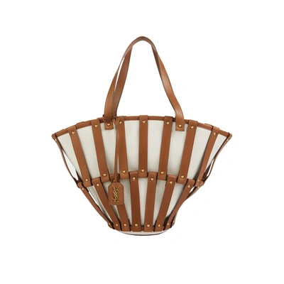 Saint Laurent Ysl Cutout Basket Tote Bag In Beige