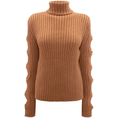 Jw Anderson Merino Wool Cutout-sleeve Turtleneck Sweater In Camel