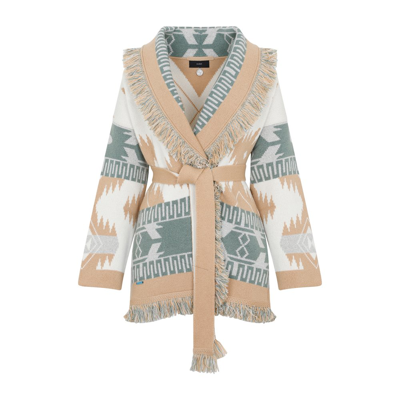 Alanui Ikat Jacquard Belted Cashmere Icon Cardigan In Beige