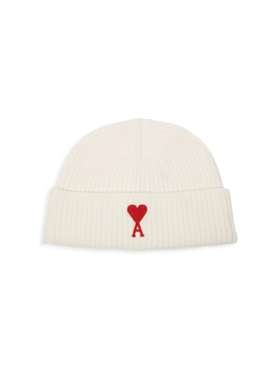 Ami Alexandre Mattiussi Logo Heart Patch Wool Knit Hat In White
