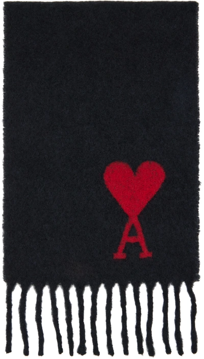 Ami Alexandre Mattiussi Ami De Caur-logo Fringed Wool Scarf In Black