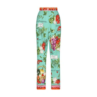 Dolce & Gabbana Flared Vegetable-print Charmeuse Pants In Multicolor