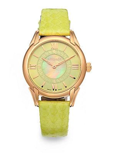 Versace Dafne Rose Gold Ip Stainless Steel & Lime Green Elaphe Watch In Yellow