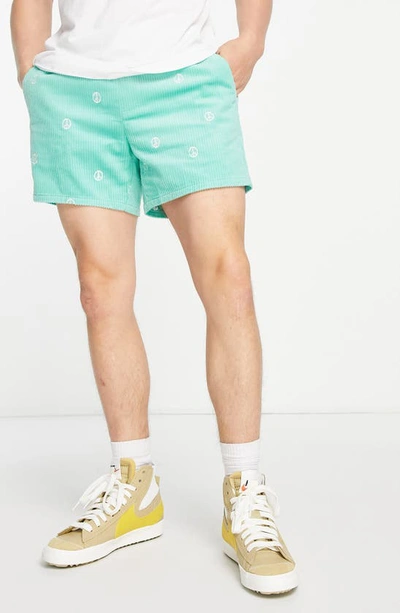 Asos Design Slim Shorts With Peace Embroidery In Mint Cord-green