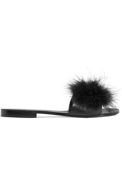 Le Petit Trou Jacqueline Feather-trimmed Leather Slippers In Black