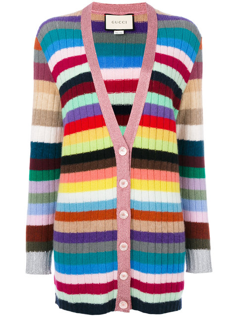 Gucci Metallic-trimmed Striped Cashmere And Wool-blend Cardigan In Red