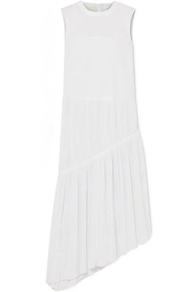 Cedric Charlier Asymmetric Pleated Cotton-poplin Midi Dress In White