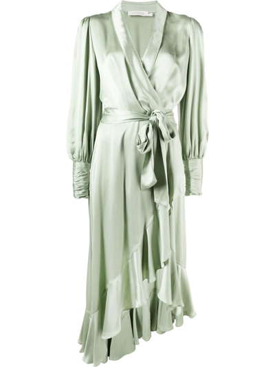 Zimmermann Silk Wrap Midi Dress In Green | ModeSens