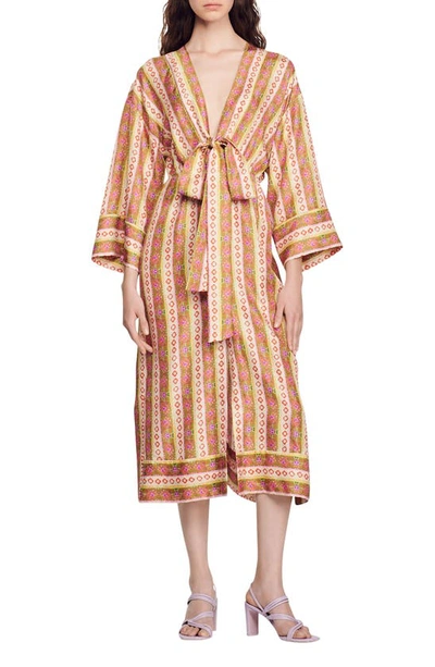 Sandro True Floral Stripe-print Silk Midi Dress In Green Orange