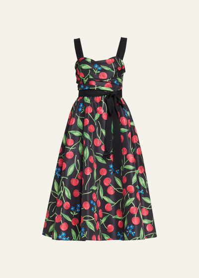 Carolina Herrera Cherry-print Draped Sash Midi Dress In Black Multi