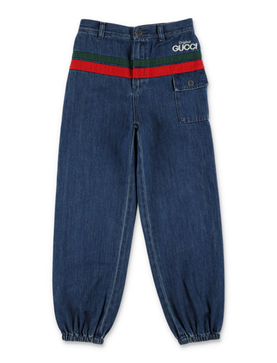 Gucci Embroidered-logo Tapered Jeans In Blue