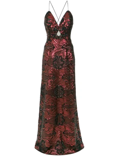 Tufi Duek Sequin Embroidered Gown In Red