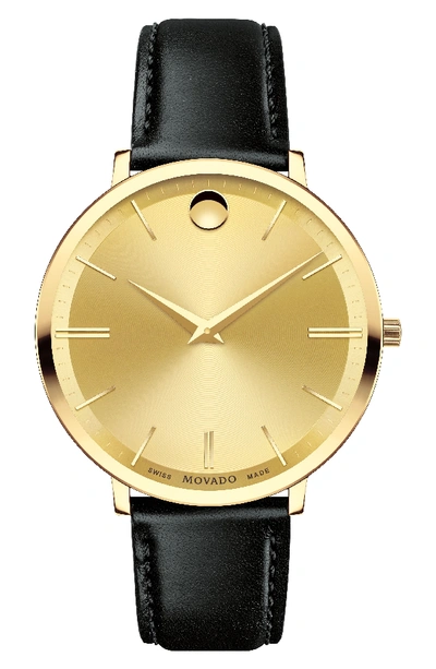 Movado 'ultra Slim' Leather Strap Watch, 40mm In Gold/black