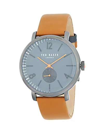 Ted Baker Polished Stainless Steel Leather Strap Watch In Yellow
