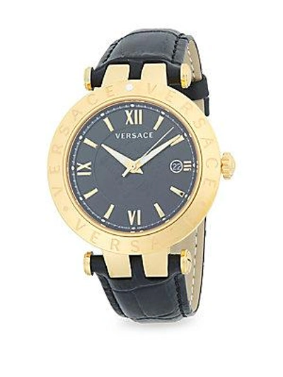 Versace Round Stainless Steel Leather-strap Watch In Gold