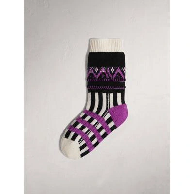 Burberry Fair Isle Wool Cashmere Patchwork Socks In Bright Lilac