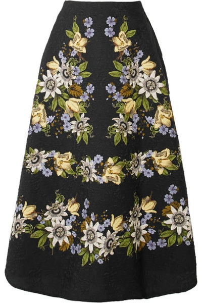 Erdem Tiana Floral-print Cloqué Midi Skirt In Black Multi