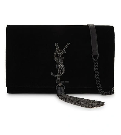 Saint Laurent Kate Velvet Tassel Clutch Bag In Black