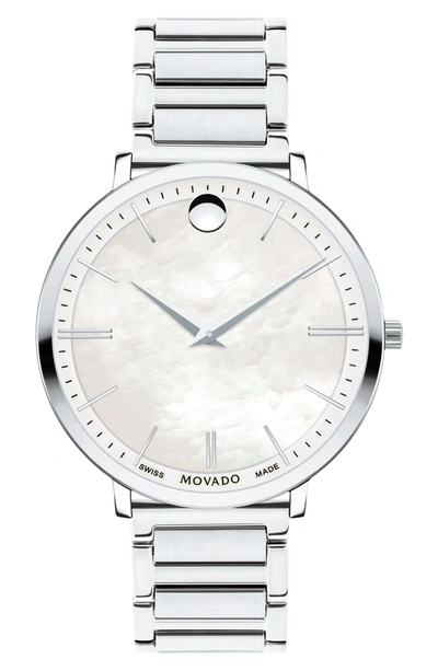 Movado Women's Ultra Slim Stainless Steel Bracelet Watch In White/silver