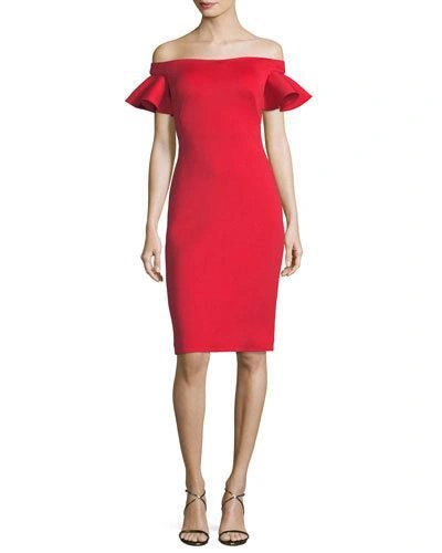 Jovani Off-the-shoulder Ruffle Cap-sleeve Cocktail Dress In Tomato
