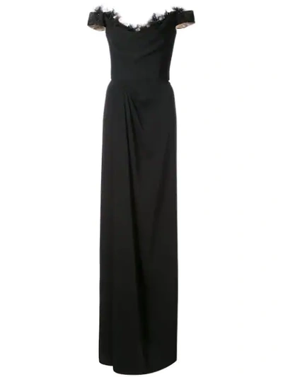 Marchesa Notte Off-the-shoulder Crepe High-slit Gown In Black