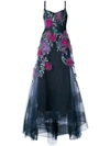 Marchesa Notte Corseted High Low Gown With Feather Embroidery In Navy