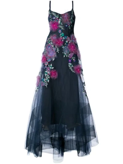 Marchesa Notte Corseted High Low Gown With Feather Embroidery In Navy