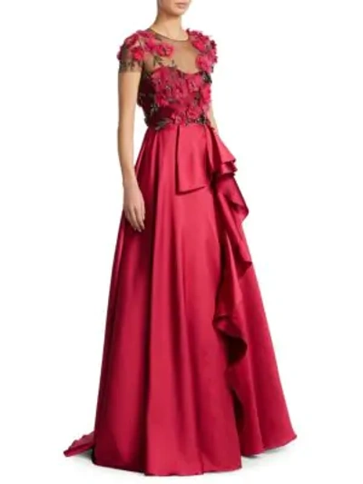 Marchesa Notte Floral-bodice Illusion Ball Gown In Fuchsia