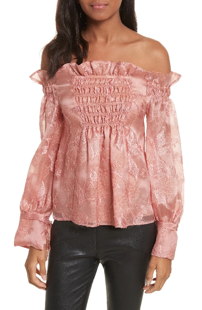 Rebecca Taylor Off The Shouler Metallic Floral Organza Blouse In Rosey Nude