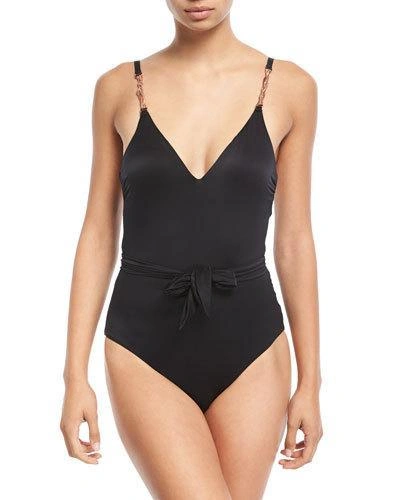 Luxe By Lisa Vogel V-neck Wrap Maillot One-piece Swimsuit In Black