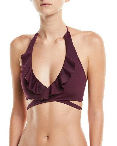 Milly Ruffle Wrap Solid Bikini Swim Top In Purple
