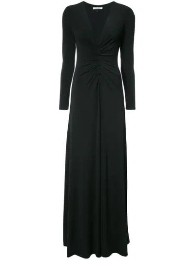 Halston Heritage Long-sleeve Ruched-front V-neck Gown In Black