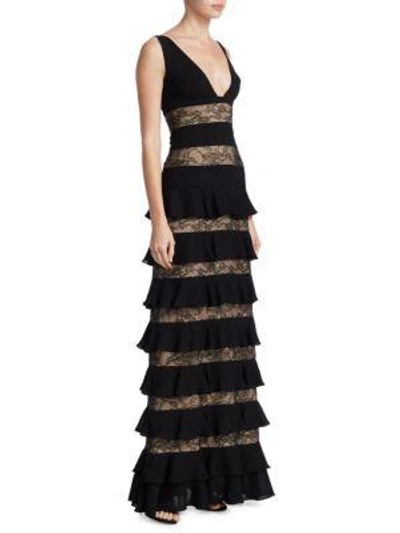 ml Monique Lhuillier Lace Tiered Gown In Black Nude