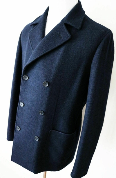 Pre-owned Loro Piana $5695  Navy Cashmere Double Breasted Woven Overcoat Peacoat 46 Euro Xs In Blue