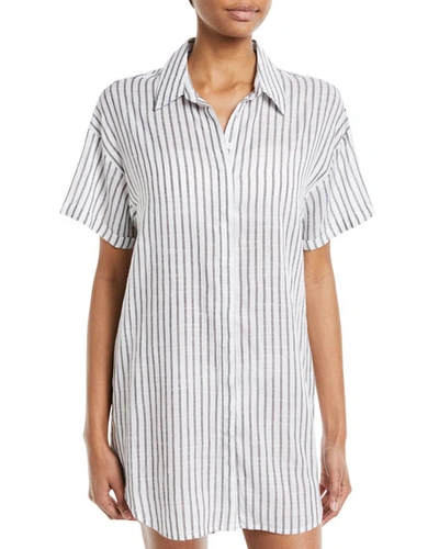 Red Carter Button-down Striped Coverup Tunic In Black/white