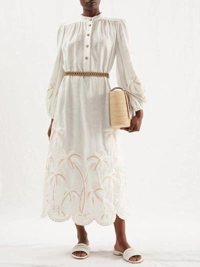 Zimmermann Tropoical Embroidered Long Sleeve Linen Midi Dress In Ivory
