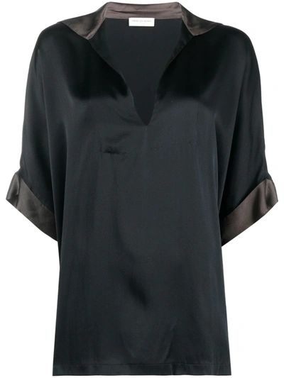 Pre-owned Dries Van Noten 2000s Contrast-collar Silk Blouse In Black