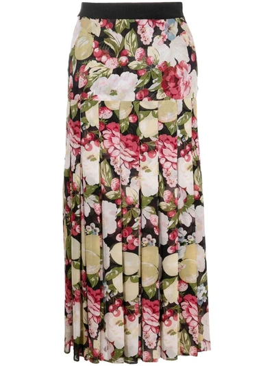 Pre-owned Gianfranco Ferre 1990s Floral-print Pleated Silk Skirt In Neutrals