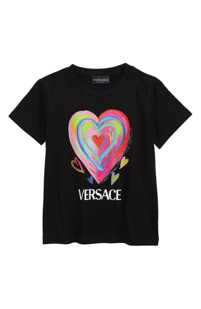 Versace Kids' Girl's Multicolor Heart Graphic Logo-print T-shirt In Black