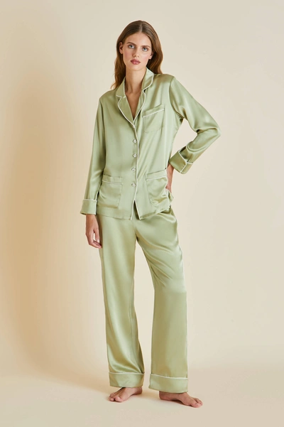 Olivia Von Halle Coco Vineyard Silk-satin Pajama Set In Green