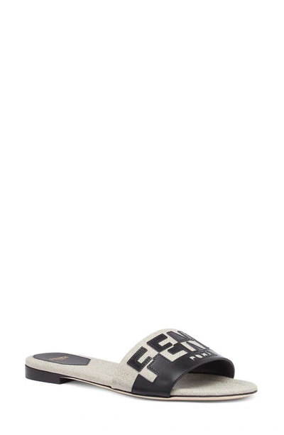 Fendi Canvas & Leather Logo Slide Sandals In White