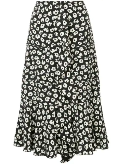 Proenza Schouler Ruffled Floral-print Silk Crepe De Chine Midi Skirt In Black/white