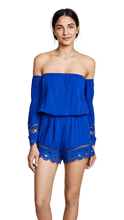 Ramy Brook Markos Off-the-shoulder Romper With Embroidery & Fringe In Azure