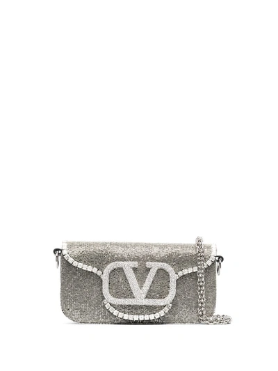 Valentino Garavani Loco Small Vlogo Crystal-embellished Shoulder Bag In V3w  Cr Silver