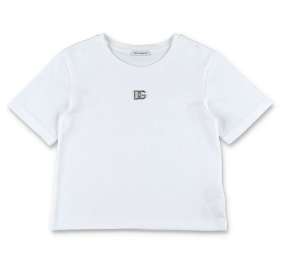 Dolce & Gabbana Kids' Dg Logo-plaque Cotton T-shirt In Bianco