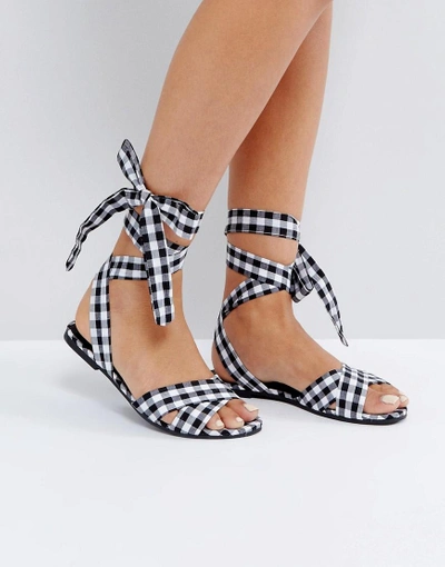 New Look Gingham Lace Up Flat Sandal - Black In Black